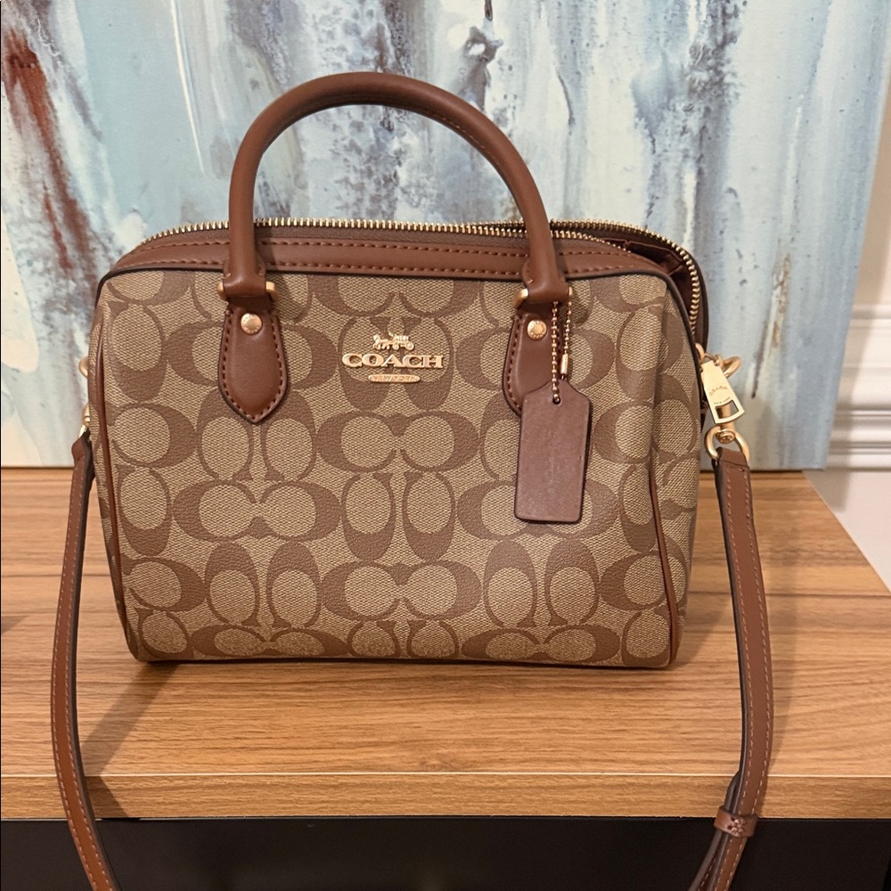 Coach Brown Signature Mini Satchel with Leather Trim